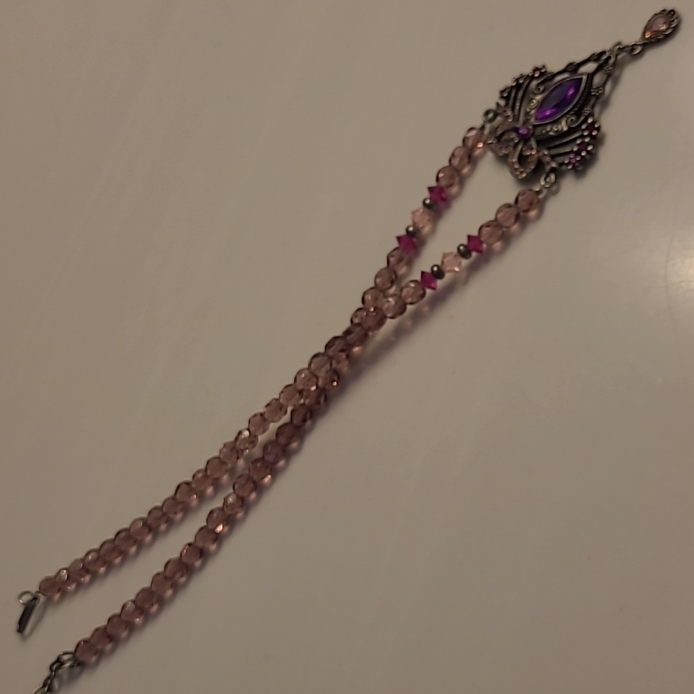1928 Purple & Pink Crystals Ornate Pendant Sparkling Glass Beaded Necklace - Picture 15 of 16
